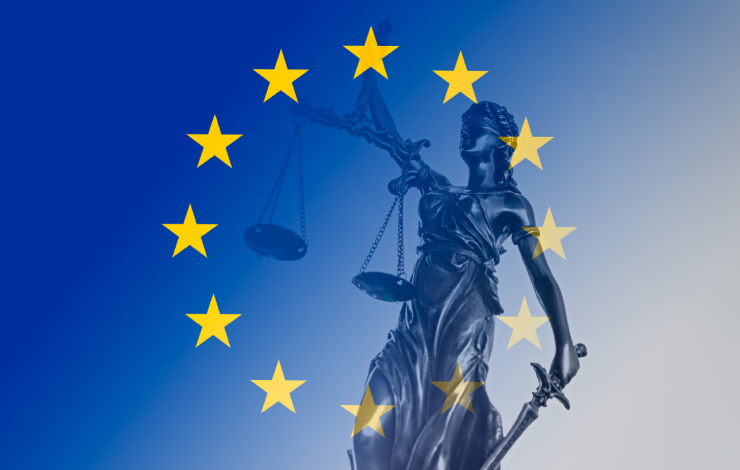 The EU flag, with Lady Justice in the middle 